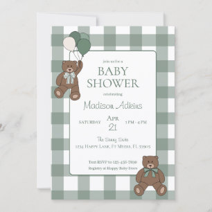 Invitation Sage Vert Rubans Blancs et Ours en Peluche Baby Sh