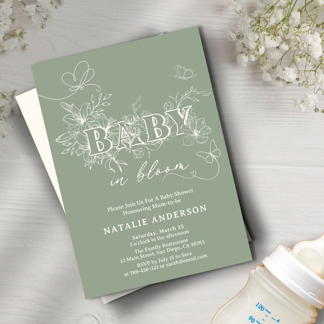 Invitation Sage Vert Script Fleur Papillons Bébé En Fleur (Sage Green Script Flower Butterflies Baby In Bloom Invitation)