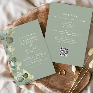 Invitation Sage vert tout en un Mariage de code QR Eucalyptus