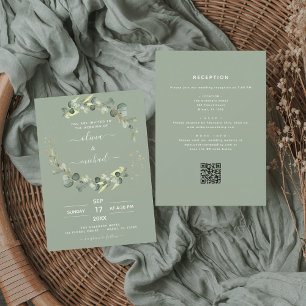 Invitation Sage vert tout en un Mariage de code QR Eucalyptus