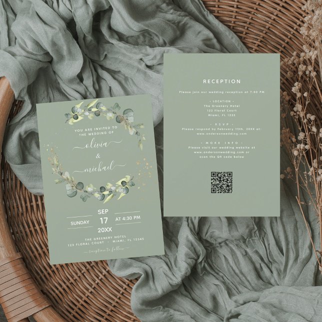 Invitation Sage vert tout en un Mariage de code QR Eucalyptus (Créateur téléchargé)