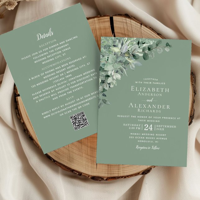 Invitation Sage vert tout en un Mariage de code QR Eucalyptus (Créateur téléchargé)