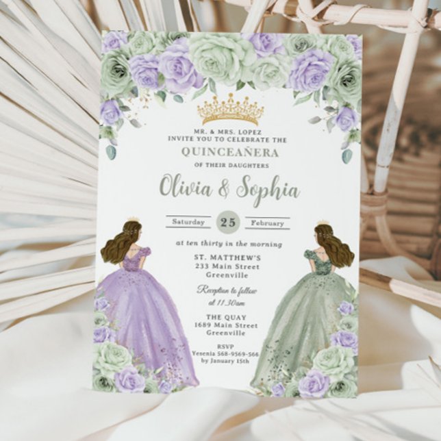 Invitation Sage Vert Violet Floral Twin Girls Quinceañera (Créateur téléchargé)