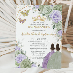 Invitation Sage Vert Violet Lavande Florale Twin Quinceañera