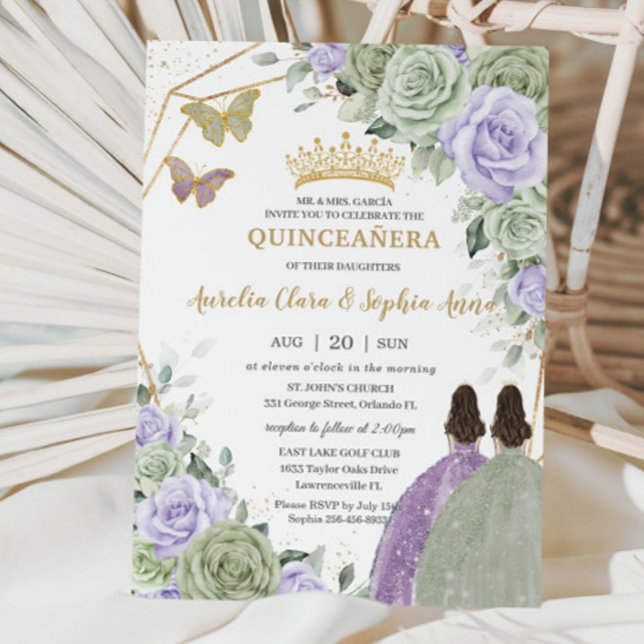 Invitation Sage Vert Violet Lavande Florale Twin Quinceañera (Créateur téléchargé)