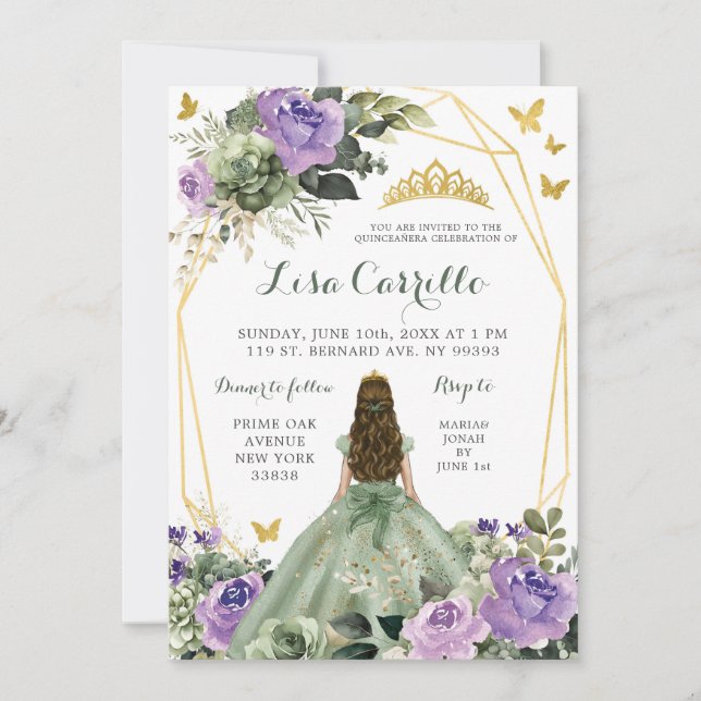 Invitation Sage Vert Violet Lilac Princesse Quinceañera (Devant)