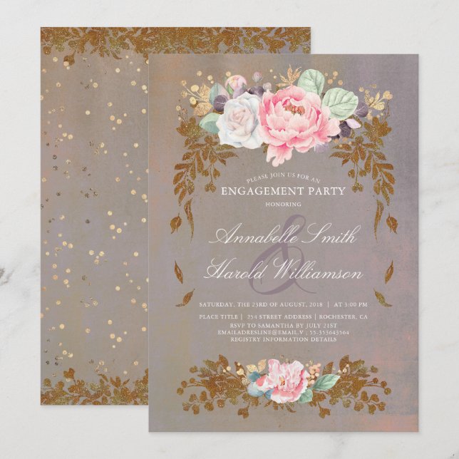 Invitation Sage Violet Or Blush | Floral Engagement Party (Devant / Derrière)