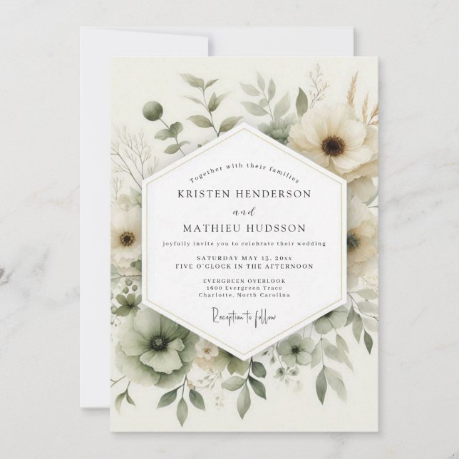 Invitation Sage Watercolor Anemone Wedding (Devant)