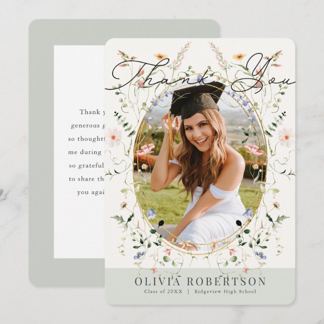 Invitation Sage Wildflower Photo Graduation Thank You Card (Devant / Derrière)