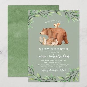 Invitation Sage Woodland Green Forest Animaux Baby shower