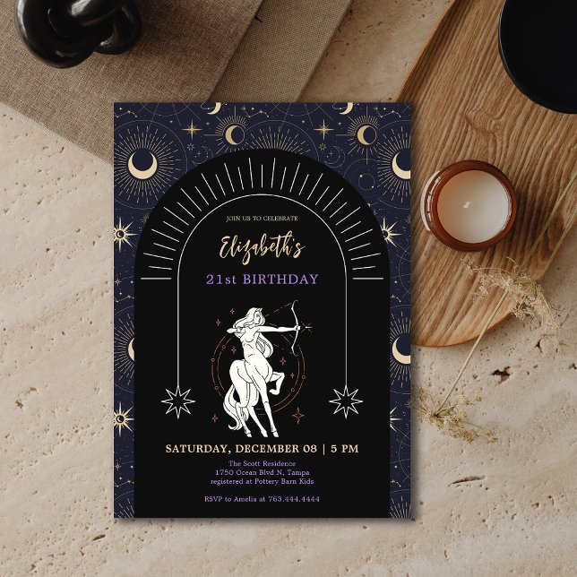 Invitation Sagittaire Mystique Noir Zodiac 21e anniversaire (Black Mystic Sagittarius Zodiac 21st Birthday Invitation)