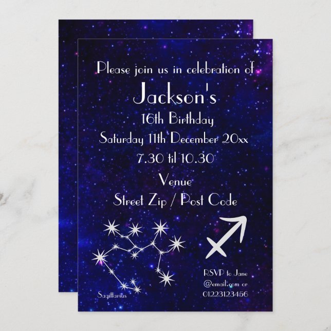 Invitation Sagittaire personnalisé Zodiac Galaxy Party (Devant / Derrière)