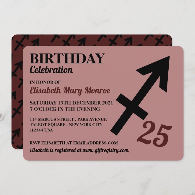 Invitation Sagittarius, L'Archer, Zodiac Star Sign Anniversai (Devant / Derrière)