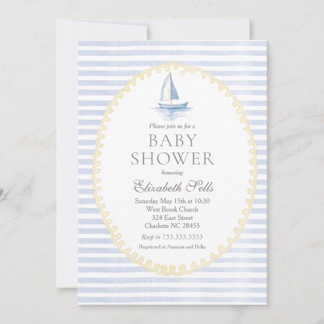 Invitation Sailboat Baby Shower Invitation, Boy baby shower (Devant)