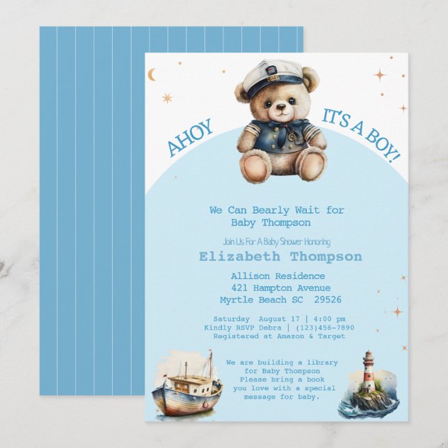Invitation Sailor Teddy Bear Apportez un Baby shower de livre (Devant / Derrière)