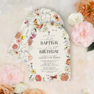 Invitation Saint Baptême & 1er Anniversaire Floral Girl