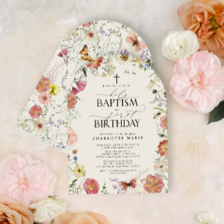Invitation Saint Baptême & 1er Anniversaire Floral Girl