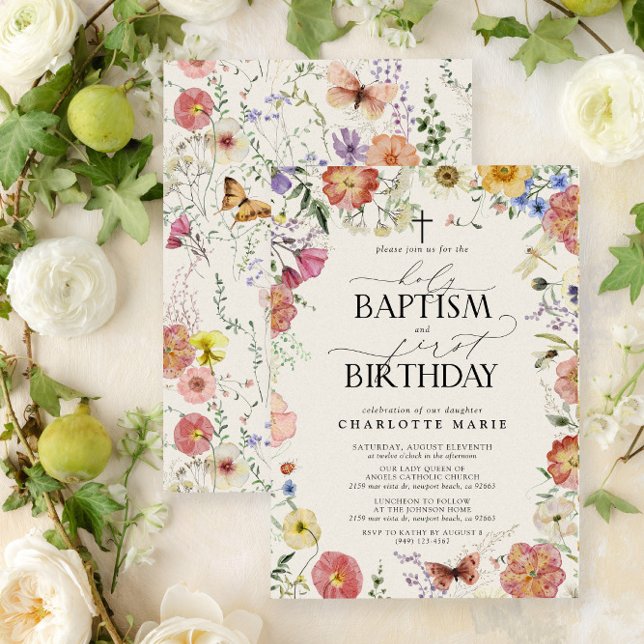 Invitation Saint Baptême & 1er Anniversaire Floral Girl (Easily personalize this beautiful baptism and first birthday invitation with your personal details)