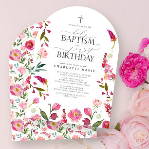 Invitation Saint Baptême & 1er Anniversaire Rose Floral Aquar