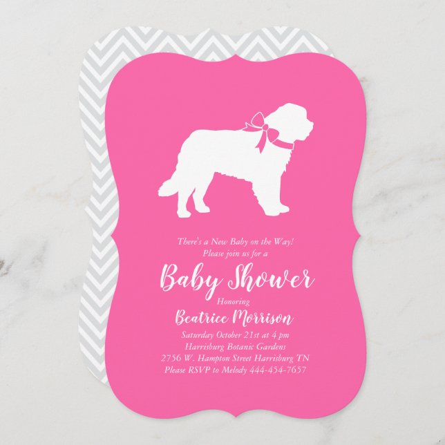 Invitation Saint Bernard Chien Baby shower fille rose (Devant / Derrière)