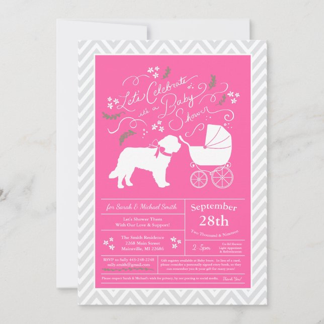 Invitation Saint Bernard Chien Baby shower fille rose (Devant)