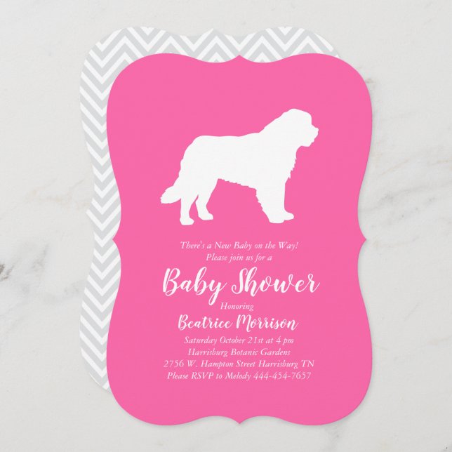 Invitation Saint Bernard Chien Baby shower fille rose (Devant / Derrière)