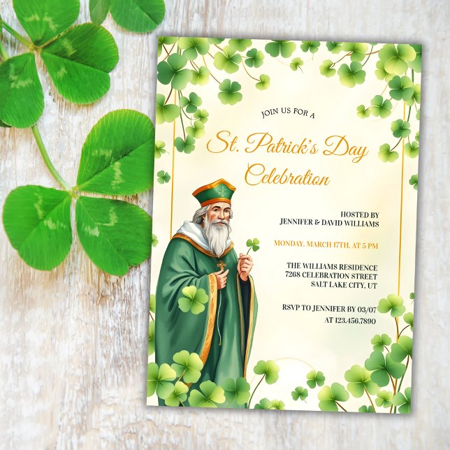 Invitation Saint catholique et trèfles Jour de la Saint-Patri (Religious St. Patrick's Day Invitation – Catholic Celebration with Saint and Shamrocks)