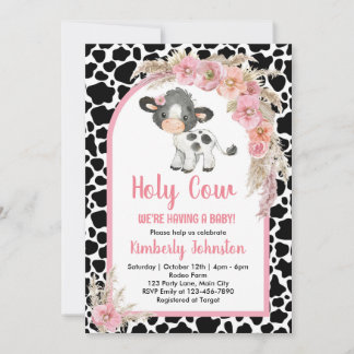 Invitation Saint Cow boho baby shower rose ferme fille floral
