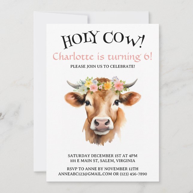Invitation Saint-Cow Jersey Vache Floral Fille Anniversaire (Devant)