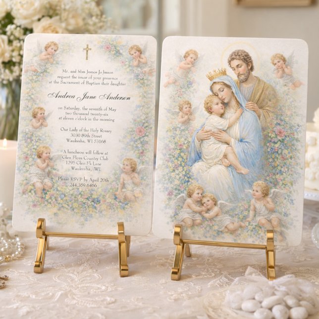 Invitation Saint Famille Anges Fleurs Baptême Christening (Créateur téléchargé)