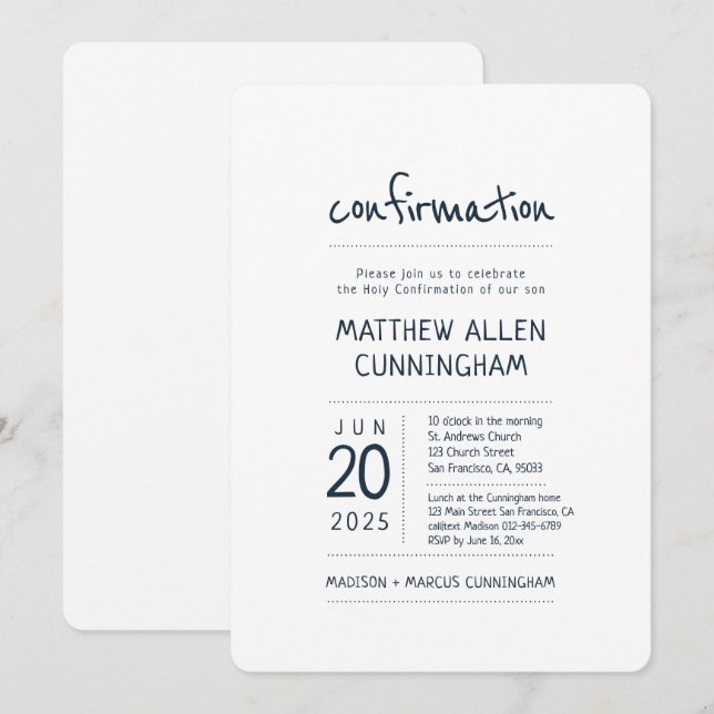 Invitation Saint garçon de confirmation | Moderne + Simple (Devant / Derrière)