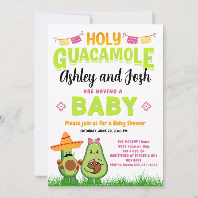 Invitation Saint Guacamole Avocado Baby shower Fiesta (Devant)