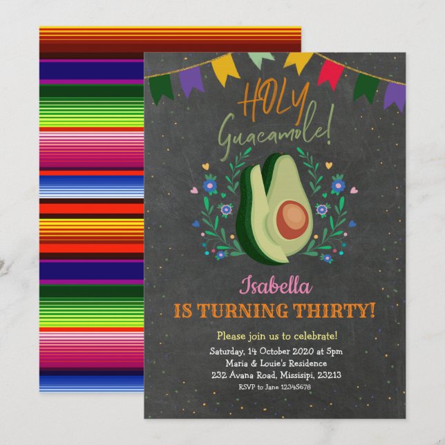 Invitation Saint Guacamole Chalkboard Mexicaine Anniversaire (Devant / Derrière)