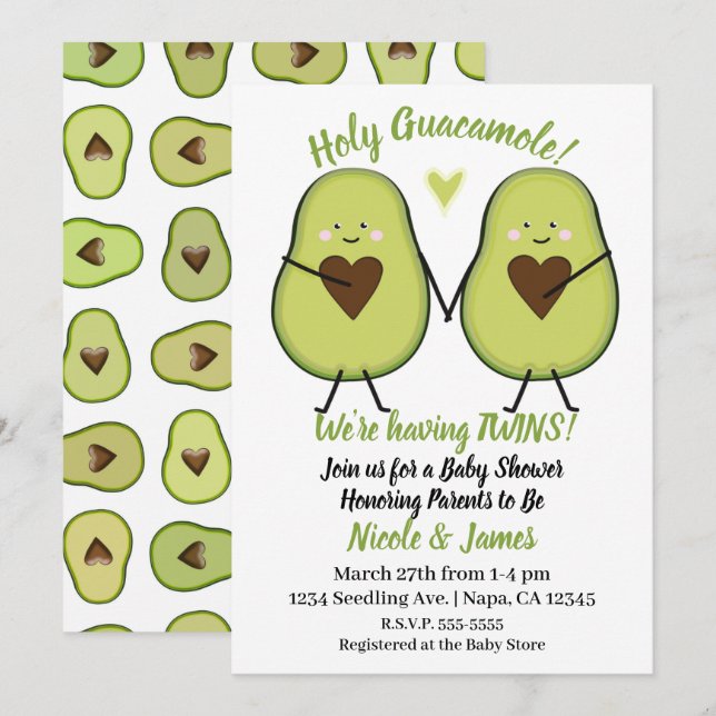 Invitation Saint-Guacamole Heart Avocado Baby shower jumeaux (Devant / Derrière)