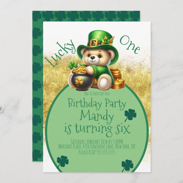 Invitation Saint-Patrick’s Day Bear Jote Anniversaire Lucky O (Devant / Derrière)