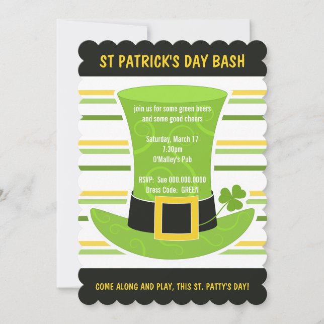 Invitation Saint Patrick's Day Bassh Green Top Hat Stripes In (Devant)