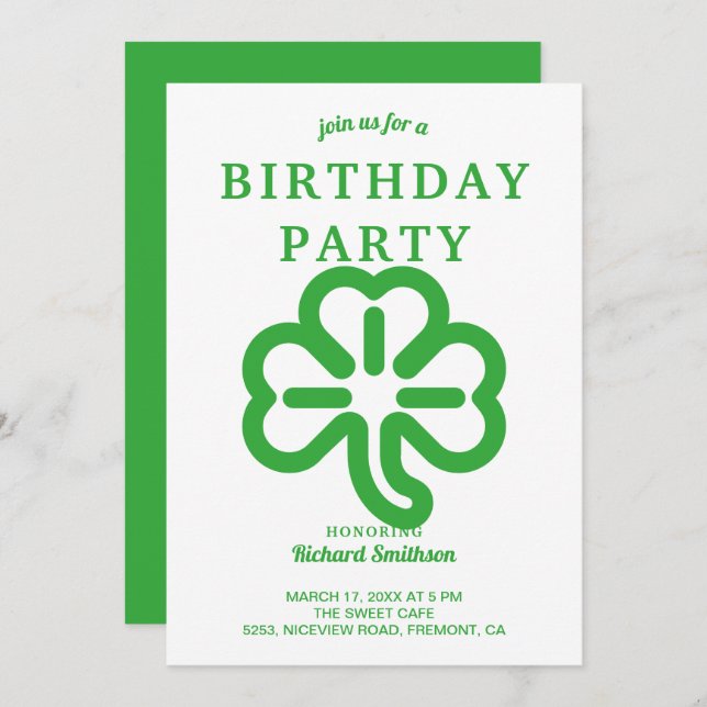 Invitation Saint Patrick's Day Green Clover fête d'anniversai (Devant / Derrière)