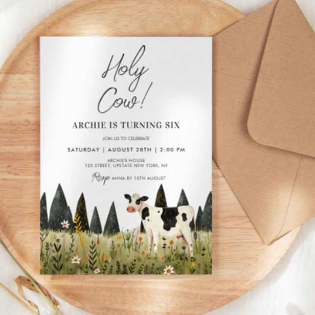 Invitation Saint Vache Anniversaire de la fête de la vache Aq (Holy Cow Birthday Invitation Farm Birthday Cowboy Cute Illustration Watercolor Template Digital Cute)