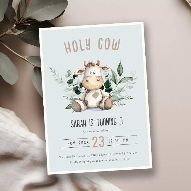 Invitation Saint Vache Foliage Pastel Dusky Blue Anniversaire (Créateur téléchargé)