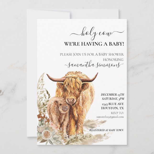 Invitation Saint-Vache Highland Calf Baby shower Boho Pampas (Devant)