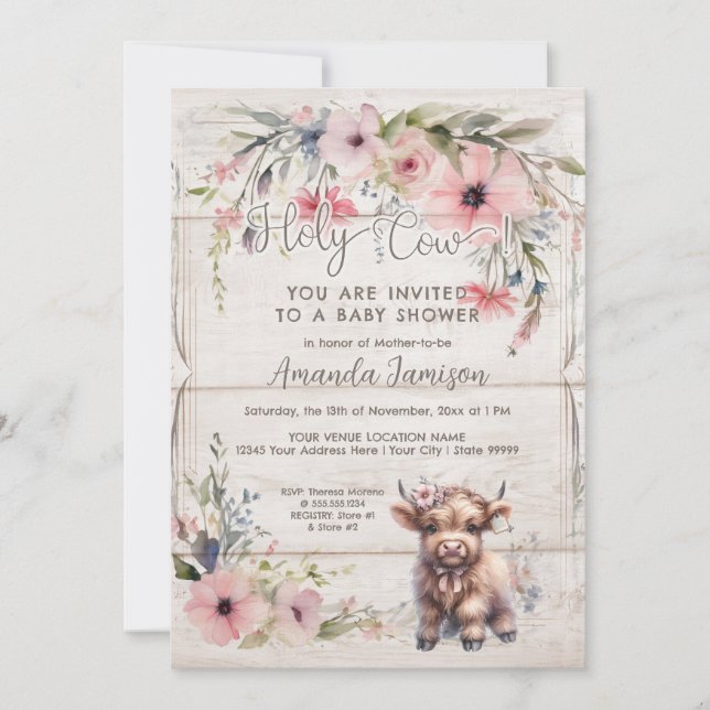 Invitation Saint-Vache Highland Floral mignonne Baby shower a (Devant)