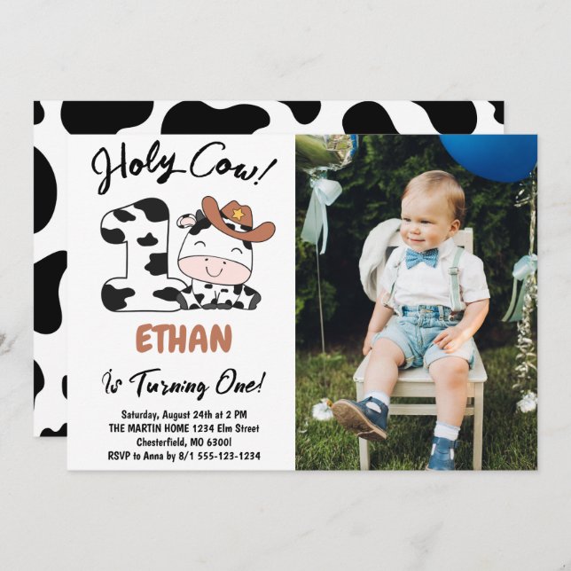 Invitation Saint Vache Je suis un garçon 1er anniversaire Pho (Devant / Derrière)