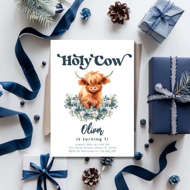 Invitation Saint Vache Je suis un Highland Vache Boy 1er anni (Holy Cow Birthday Invitation for Boys)