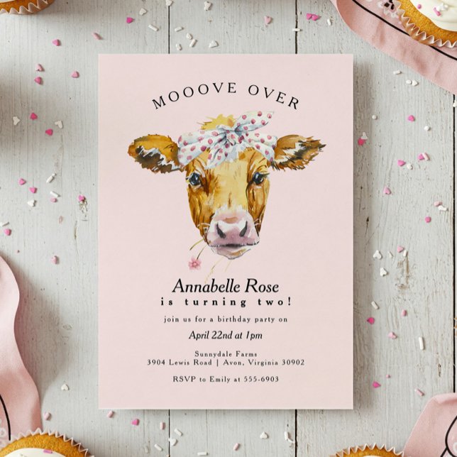 Invitation Saint Vache Moo ferme rose Fille fête d'anniversai (Créateur téléchargé)