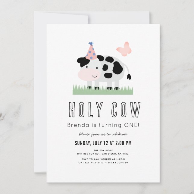 Invitation Saint Vache rose Casquette papillon 1er anniversai (Devant)