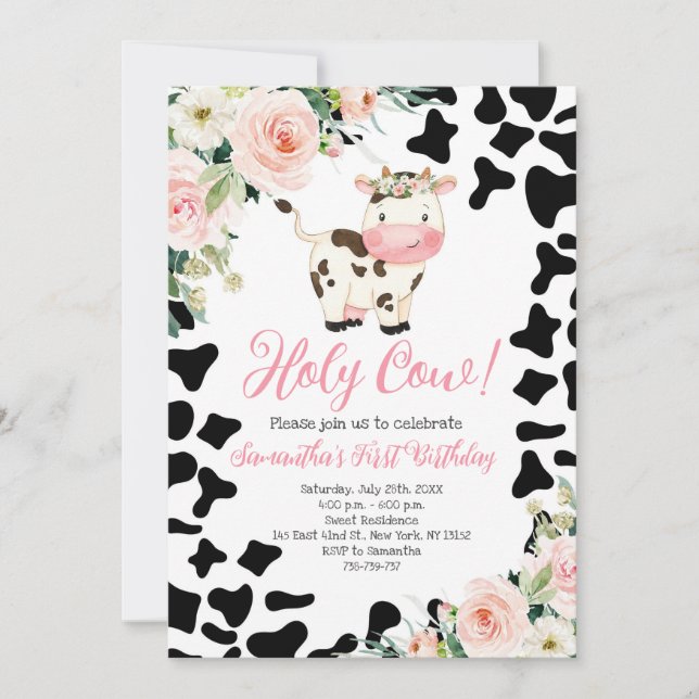 Invitation Saint Vache rose Floral Premier anniversaire fête (Devant)