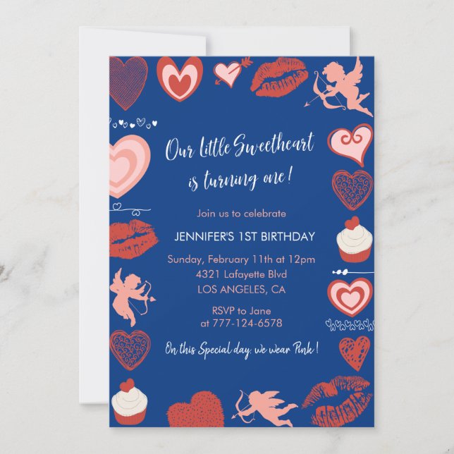 Invitation Saint-Valentin 1er anniversaire Rose Rouge Marine (Devant)