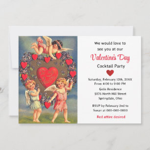 Invitation Saint-Valentin Anges Chérubins Vintage Cœurs Rouge