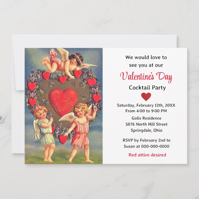 Invitation Saint-Valentin Anges Chérubins Vintage Cœurs Rouge (Devant)