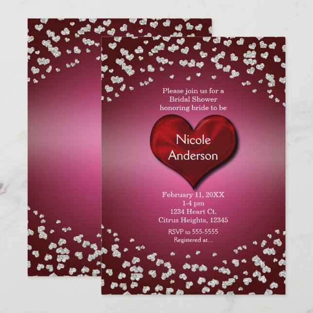 Invitation Saint Valentin Anniversaire fête Coeurs d'argent (Devant / Derrière)